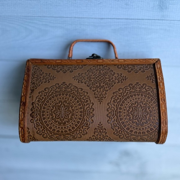 None Handbags - Vintage Wood & Leather Embossed Handbag